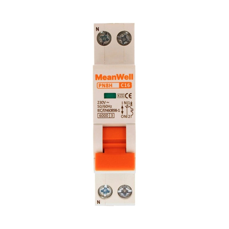 Interruttore Magnetetermico MeanWell Curva C 1 Polo+Neutro 1M 6kA C16A AC 230V IP20 IEC60898