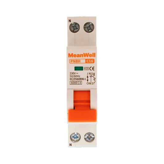 Interruttore Magnetetermico MeanWell Curva C 1 Polo+Neutro 1M 6kA C16A AC 230V IP20 IEC60898