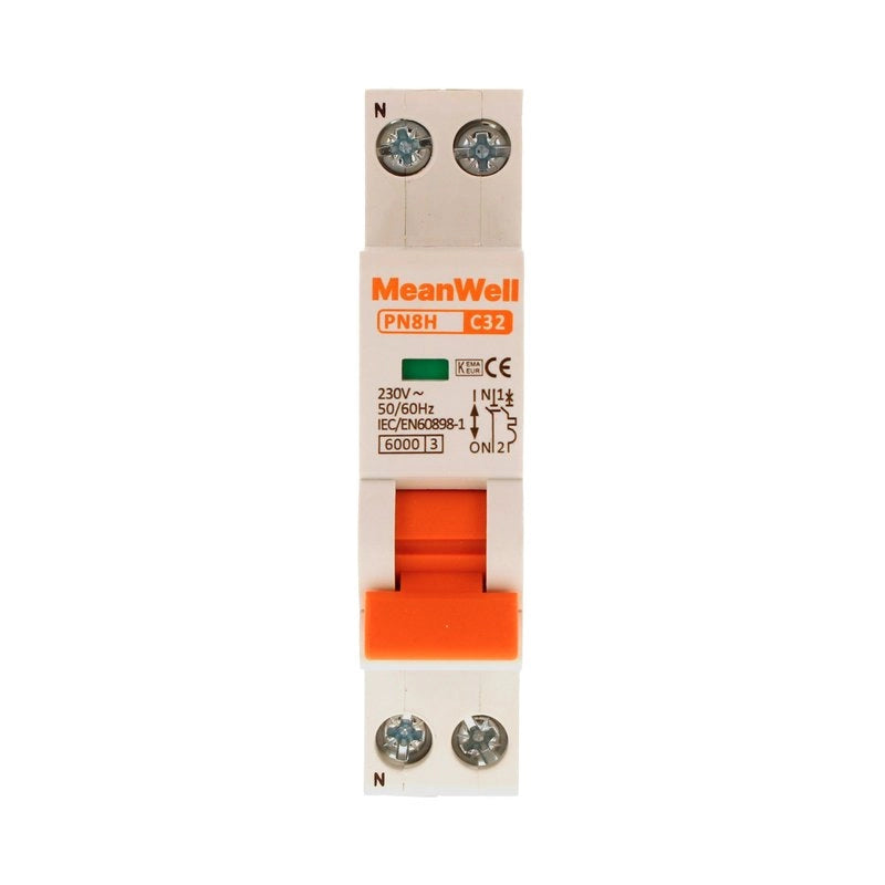 Interruttore Magnetetermico MeanWell Curva C 1 Polo+Neutro 1M 6kA C32A AC 230V IP20 IEC60898
