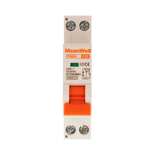 Interruttore Magnetetermico MeanWell Curva C 1 Polo+Neutro 1M 6kA C32A AC 230V IP20 IEC60898