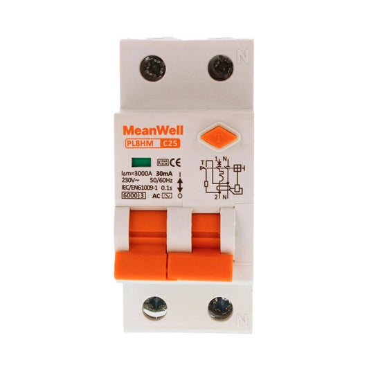 Magnetotermico Differenziale MeanWell Tipo AC Curva C 1 Polo+Neutro 2M 6kA 30mA C25A 230V IP20 IEC61009