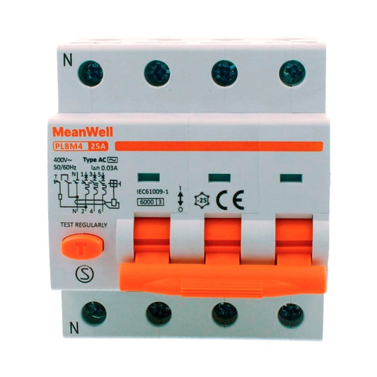 Magnetotermico Differenziale MeanWell Tipo AC Curva C 3P+N 4M 6kA C25A 400V