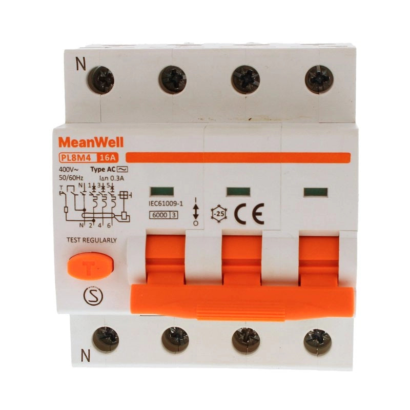 Magnetotermico Differenziale MeanWell Tipo AC Curva C 3P+Neutro 4M 6kA 300mA C16A 400V IP20 IEC61009