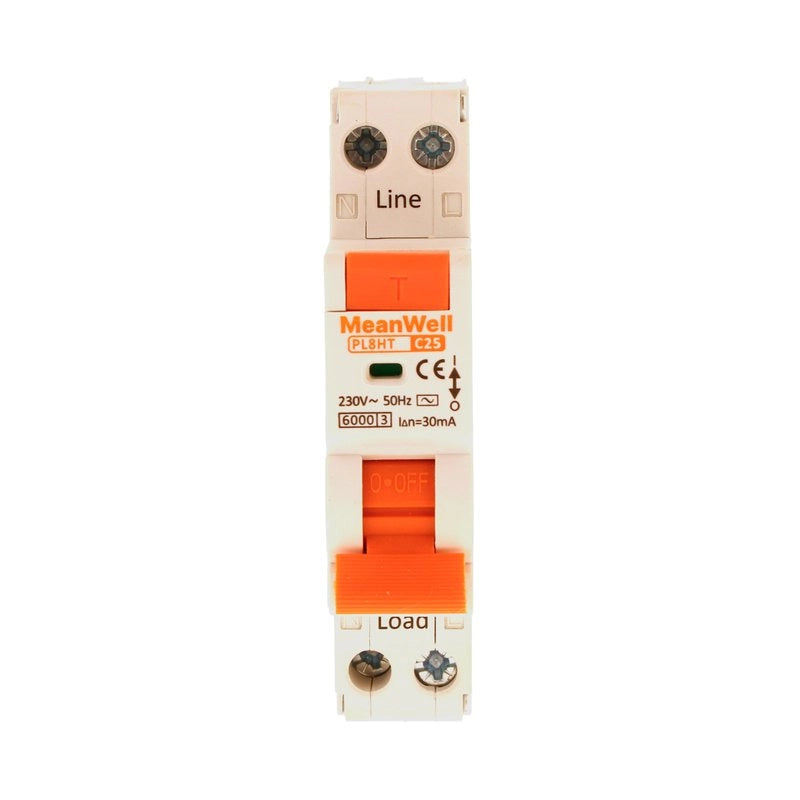 Magnetotermico Differenziale MeanWell Tipo AC Curva C 1 Polo+Neutro 1M 6kA 30mA C25A 230V IP20 IEC61009