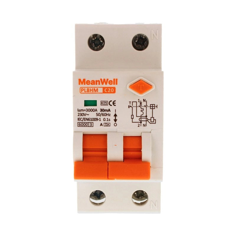 Magnetotermico Differenziale MeanWell Tipo A Curva C 1 Polo+Neutro 2M 6kA 30mA C20A 230V IP20 IEC61009