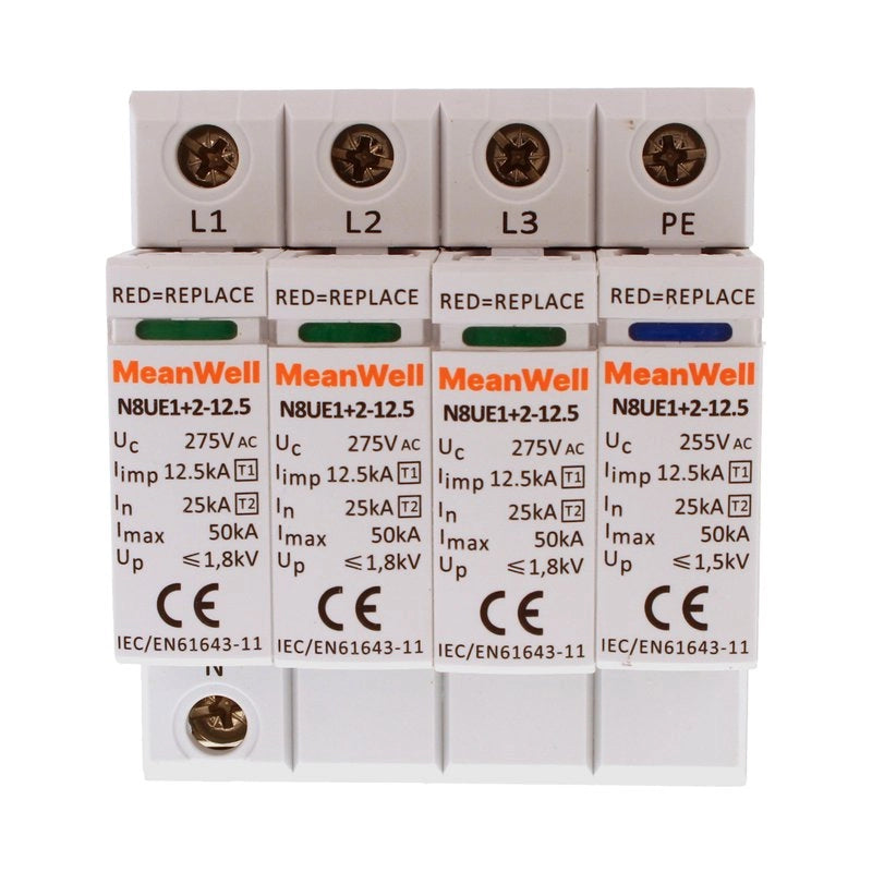 Scaricatore Di Sovratensione MeanWell Tipo 1+2 T1+T2 B+C 3P+Neutro 4M 25kA-50kA 125kV AC 275V IP20 IEC61643