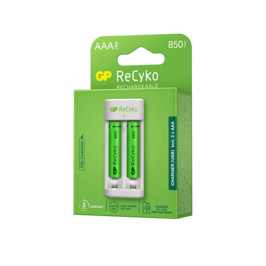 Caricabatterie USB Recyko E211 con 2 Batterie Ricaricabili 1,2V Mini Stilo AAA NiMH 850mAh incluse