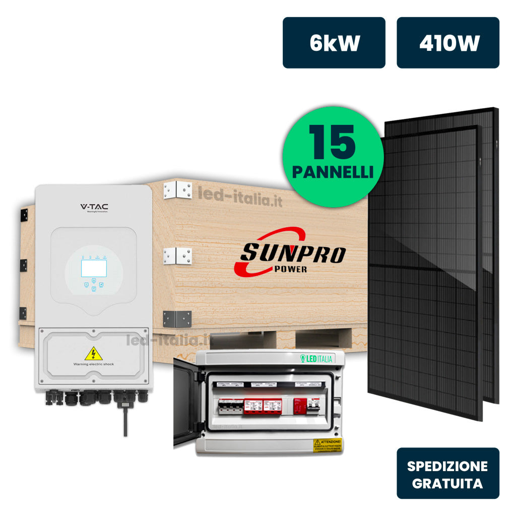 KIT Fotovoltaico Monofase 6kW con Inverter Ibrido, 15 Moduli 430W (6.45kW) Full Black, Quadro Combinato 2-2 AC-DC 6kW senza Accumulo