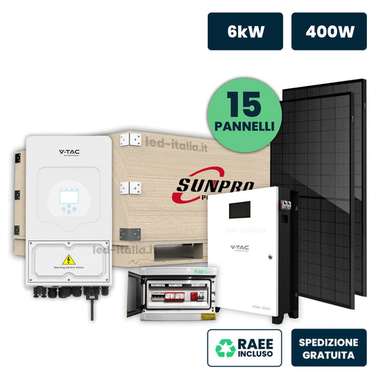KIT Fotovoltaico Monofase 6kW con Inverter Ibrido, 14 Moduli 450W (6.3kW) Full Black con Accumulo LFP 10kWh e Quadro Combinato 2-2 AC-DC 6kW