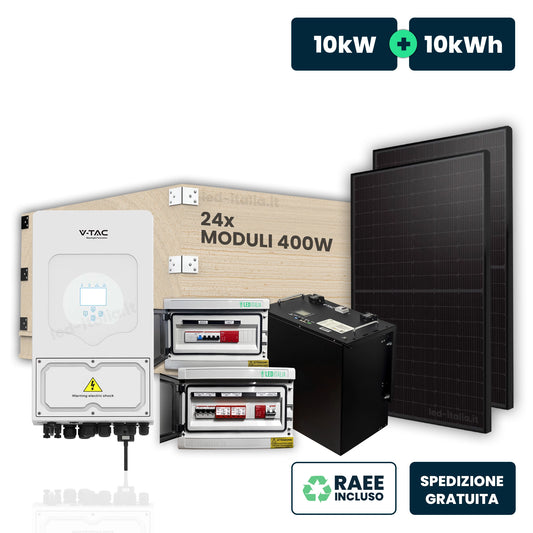KIT Fotovoltaico Trifase 10kW con Inverter Ibrido, 22 Moduli 470W (10.34kW) Black con Accumulo LFP 10kWh e Quadri DC 2/2 e AC 1/1 10kW