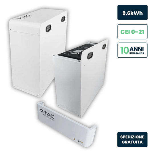 Kit Batteria di Accumulo 9.6kWh LiFePO4 BMS Integrato per Inverter Fotovoltaici CEI 0-21 48V 200Ah con Modulo Armadio Rack e Copertura