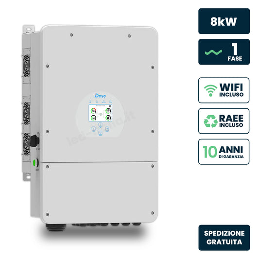 Inverter Fotovoltaico Deye Monofase Ibrido On-Grid/Off-Grid 8kW, Doppio MPPT, Senza CEI 0-21, Schermo LCD Touch, WiFi e TA Inclusi, Garanzia 10 Anni Bianco IP65