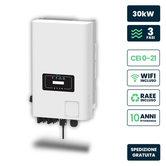 Inverter Fotovoltaico Deye Trifase di Rete On-Grid 30kW CEI 0-21 con Schermo LCD, Inclusi TA e WiFi Garanzia 10 Anni IP65