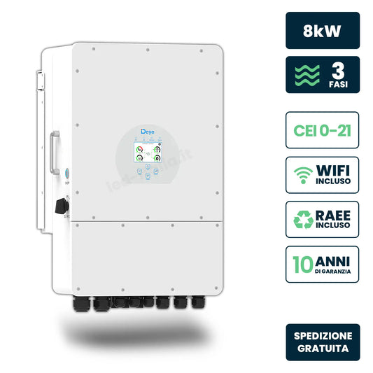 Inverter Fotovoltaico Deye Trifase Ibrido On-Grid/Off-Grid 8kW, Doppio MPPT, CEI 0-21, Schermo LCD Touch, WiFi e TA Inclusi, Garanzia 10 Anni IP65