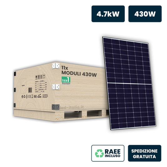 Set 5kW con 11 Pannelli Solari Fotovoltaici Moduli 430W TIER-1 TOPCon Black Frame IP67/IP68 1722x1134x30mm