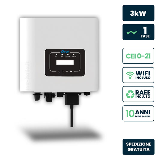 Inverter Fotovoltaico di Rete On-Grid Deye Monofase 3kW, Singolo MPPT, CEI 0-21, Schermo LCD, WiFi Incluso, Garanzia 10 Anni IP65