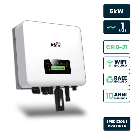 Inverter Fotovoltaico di Rete On-Grid Afore Monofase 5kW, Doppio MPPT, CEI 0-21, WiFi Incluso, Garanzia 10 Anni IP65
