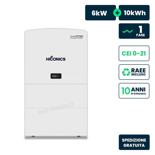 Inverter Fotovoltaico Hiconics (Midea) Monofase Ibrido Alta Tensione 6kW All In One con Accumulo LFP 10kWh, 2 MPPT, CEI 0-21, WiFi Meter, Garanzia 10 Anni IP65