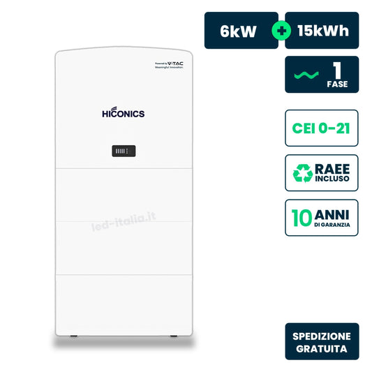 Inverter Fotovoltaico Hiconics (Midea) Monofase Ibrido Alta Tensione 6kW All In One con Accumulo LFP 15kWh, 2 MPPT, CEI 0-21, WiFi Meter, Garanzia 10 Anni IP65