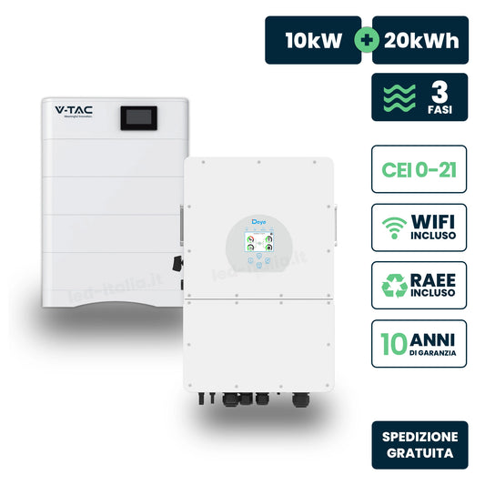 Kit Fotovoltaico Alta Tensione con Inverter Ibrido Trifase Deye 10kW e Accumulo LiFePO4 20.48kWh, BMS TA WiFi Inclusi, CEI-021 Garanzia 10 Anni IP65