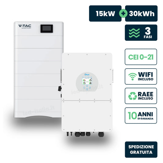 Kit Fotovoltaico Alta Tensione con Inverter Ibrido Trifase Deye 15kW e Accumulo LiFePO4 30.72kWh, BMS TA WiFi Inclusi, CEI-021 Garanzia 10 Anni IP65
