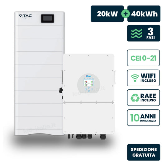 Kit Fotovoltaico Alta Tensione con Inverter Ibrido Trifase Deye 20kW e Accumulo LiFePO4 40.96kWh, BMS TA WiFi Inclusi, CEI-021 Garanzia 10 Anni IP65