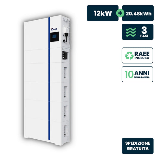 Kit Fotovoltaico All-In-One Deye con Inverter Trifase Ibrido 12kW Bassa Tensione e Accumulo 20.48kWh On/Off Grid CEI 0-21 Garanzia 10 Anni IP65