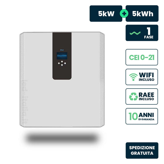 Sistema Fotovoltaico All-In-One Deye Monofase 5kW + 5kWh Inverter Ibrido con Accumulo LFP a Bassa Tensione Wi-Fi CEI 0-21 IP65 Garanzia 10 Anni