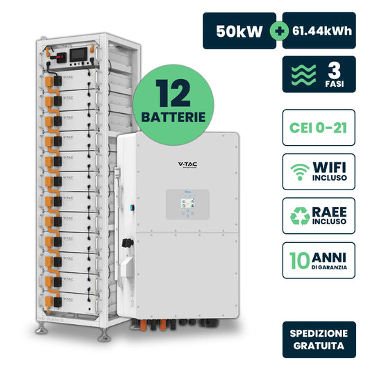 KIT Fotovoltaico Alta Tensione con Inverter Trifase Ibrido Deye 50kW, Accumulo 61.44kWh LFP, HV Box BMS Armadio Rack IP20 WiFi TA Garanzia 10 Anni