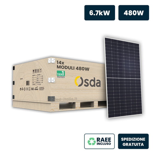 Set 6.7kW con 14 Pannelli Solari Fotovoltaici Moduli 480W OSDA Solar TIER-1 Monocristallino N-Type TOPCon Silver Frame IP67/IP68 1903x1134x30mm