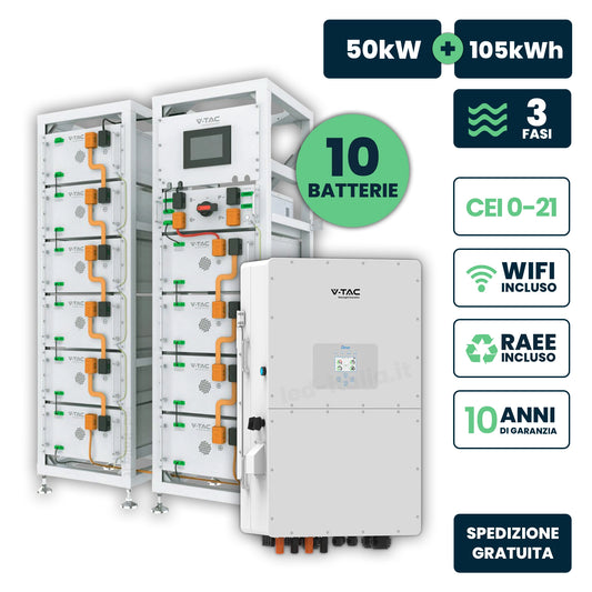 KIT Fotovoltaico Alta Tensione con Inverter Trifase Ibrido Deye 50kW, Accumulo 105.4kWh LFP, HV Box BMS Armadio Rack IP20 WiFi TA Garanzia 10 Anni