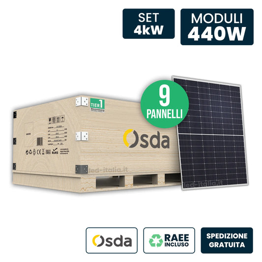 Set 4kW con 9 Pannelli Solari Fotovoltaici Moduli 440W OSDA Solar TIER-1 Monocristallini N-Type TOPCon Silver Frame IP67/IP68 1722x1134x30mm