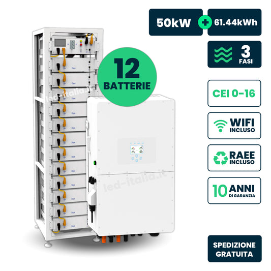 KIT Fotovoltaico con Inverter Trifase Ibrido Deye 50kW WiFi TA + Sistema di Accumulo Deye LiFePO4 61.44 kWh con HV Box BMS e Armadio Rack CEI 0-21 CEI 0-16 Garanzia 10 Anni