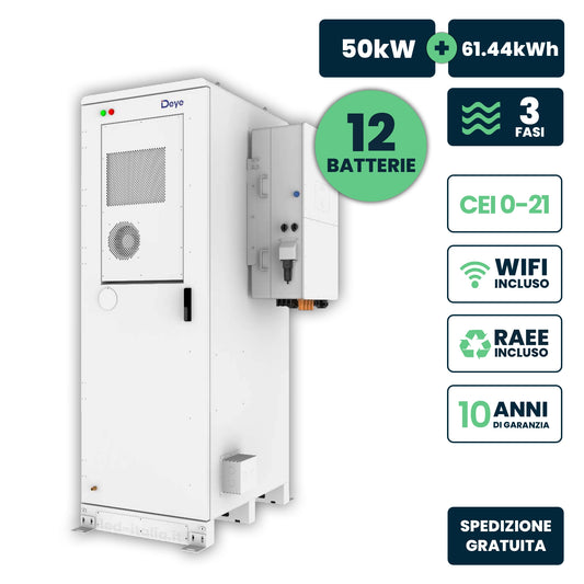 Kit Fotovoltaico Alta Tensione Deye con Inverter Ibrido Trifase 50kW e Accumulo LiFePO4 61.44kWh CEI 0-21 CEI 0-16, WiFi e TA Inclusi, Garanzia 10 Anni IP55