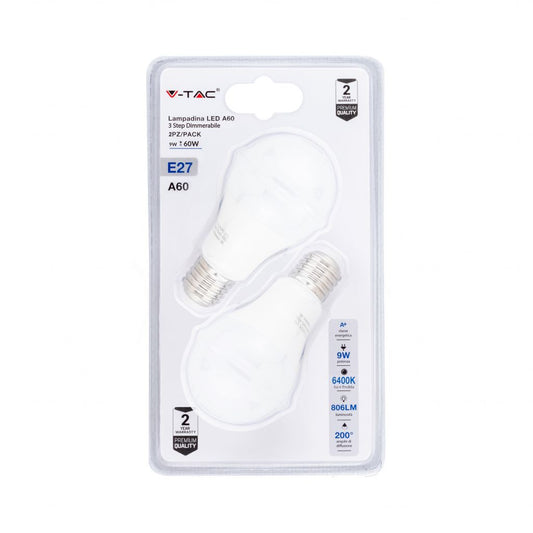 LED Bulb - 9W E27 A60 Thermoplastic 3Step Dimming 6400K (Blister 2 Pezzi)