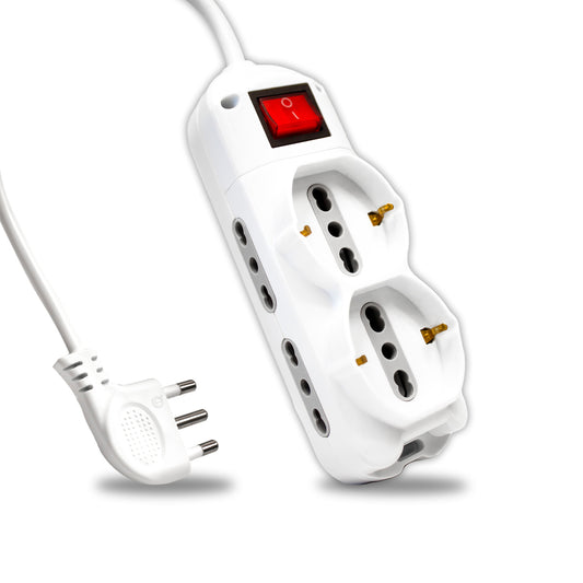 Multipresa con Cavo 1,5m e 6x Prese 10/16A (4x Laterali Bipasso + 2x Frontale Bipasso/Schuko), Spina 16A e Interruttore Colore Bianco