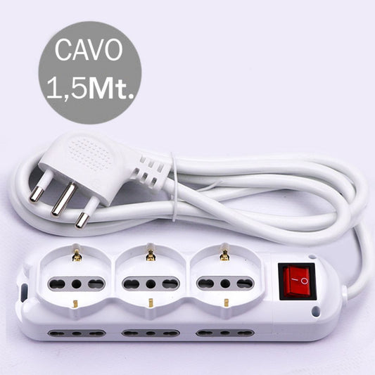 Multipresa con Cavo 1,5m e 9x Prese 10/16A (6x Laterali Bipasso + 3x Frontale Bipasso/Schuko), Spina 16A e Interruttore Colore Bianco