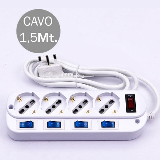 Multipresa con Cavo 1,5m e 4x Prese Bipasso/Schuko 10/16A, Spina 16A e Interruttori Indipendenti + Generale Colore Bianco