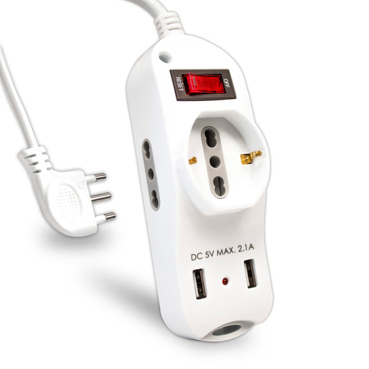 Multipresa con Cavo 1,5m e 3x Prese 10/16A (2x Laterali Bipasso + 1x Frontale Schuko), 2x Prese USB-A, Spina 16A e Interruttore Colore Bianco