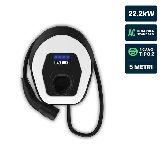Stazione di Ricarica Dazebox C 22.2kW Trifase 32A, IP55 IK10, WiFi e Bluetooth, Wall Box Bianco con Cavo Tipo 2 Lunghezza 5m