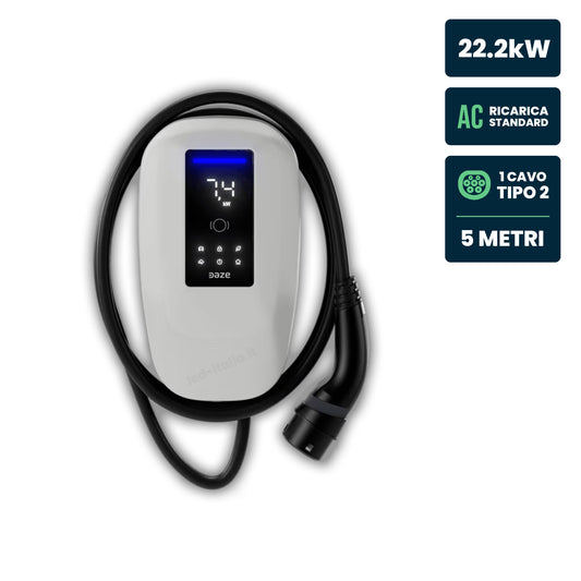Stazione di Ricarica Dazebox Home T 22.2kW Trifase 32A, IP55 IK10, WiFi e Bluetooth, Wall Box Bianco con Schermo, 3 Tessere RFID Incluse, Cavo Tipo 2 Lunghezza 5m