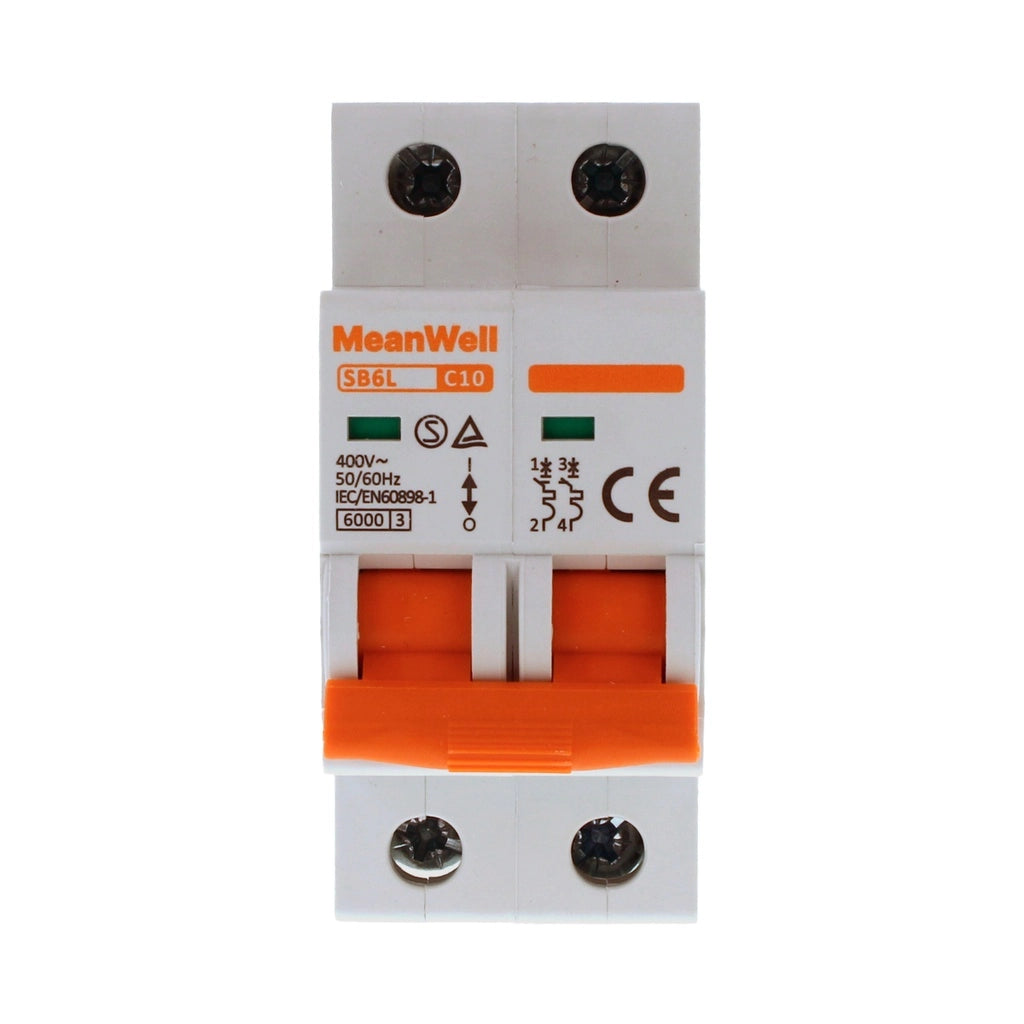 Interruttore Magnetetermico MeanWell Curva C 2P 2M 6kA C10A AC 400V IP20 IEC60898