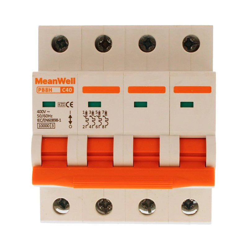 Interruttore Magnetetermico MeanWell Curva C 4P 4M 10kA C40A AC 400V IP20 IEC60898