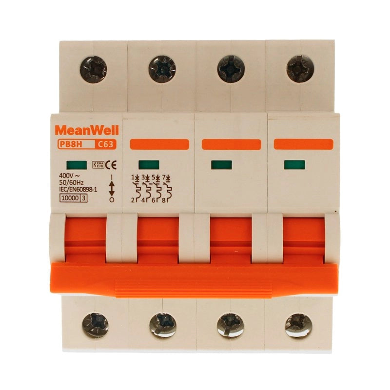 Interruttore Magnetetermico MeanWell Curva C 4P 4M 10kA C63A AC 400V IP20 IEC60898
