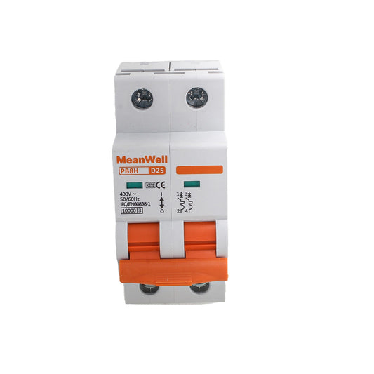 Interruttore Magnetotermico MeanWell Curva D 2P 2M 1kA D25A AC 400V IP20 IEC60898-1