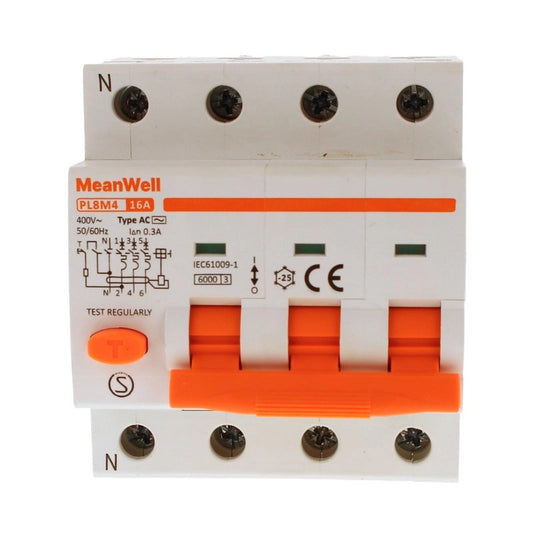 Magnetotermico Differenziale MeanWell Tipo AC Curva C 3P+Neutro 4M 6kA 300mA C16A 400V IP20 IEC61009