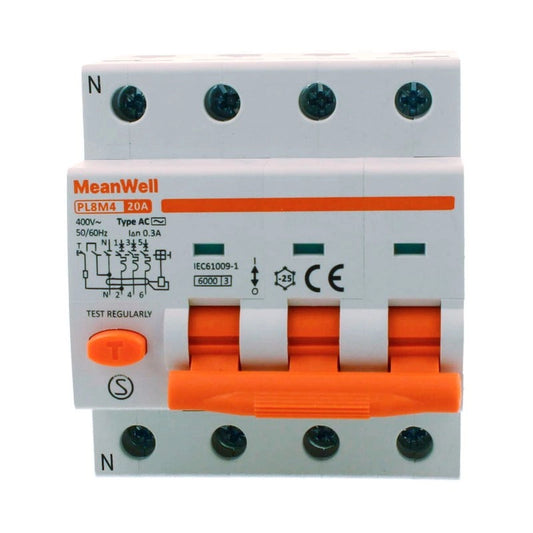 Magnetotermico Differenziale MeanWell Tipo AC Curva C 3P+N 4M 6kA C20A 400V