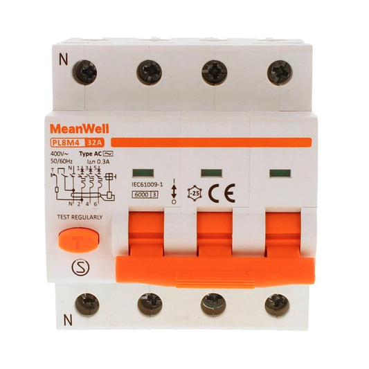 Magnetotermico Differenziale per Quadri Elettrici con Guida DIN, Tipo AC, Curva C, 3 Poli+Neutro 4 Moduli 6kA 300mA C32A 400V IP20 Certificato IEC61009