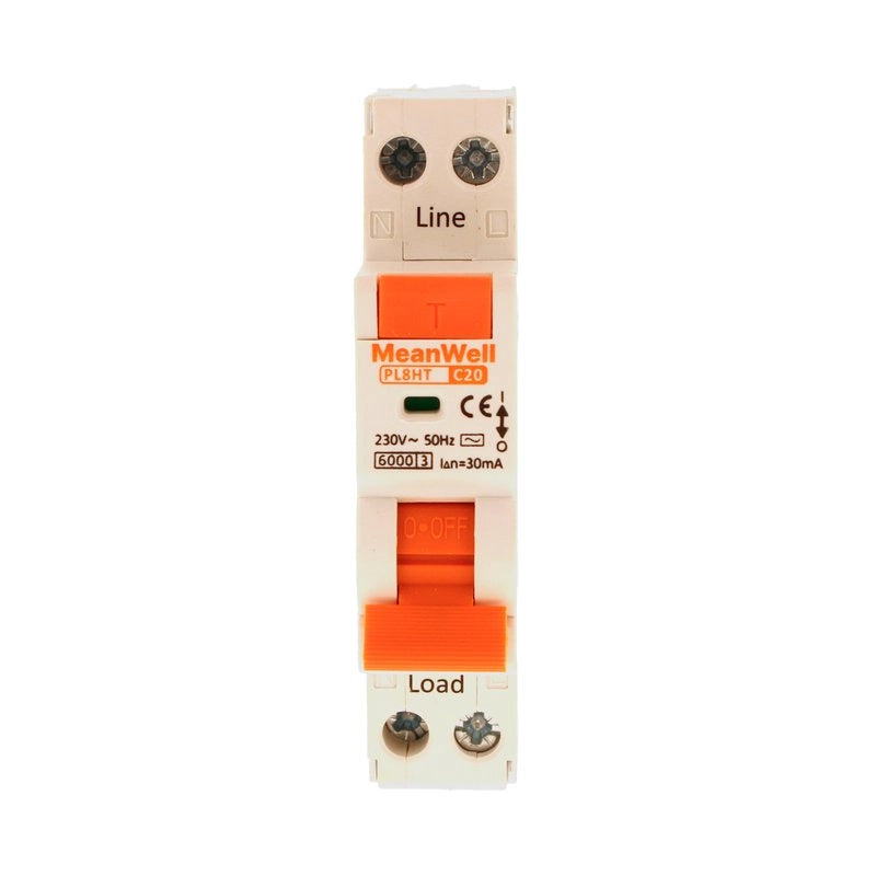 Magnetotermico Differenziale MeanWell Tipo AC Curva C 1 Polo+Neutro 1M 6kA 30mA C20A 230V IP20 IEC61009