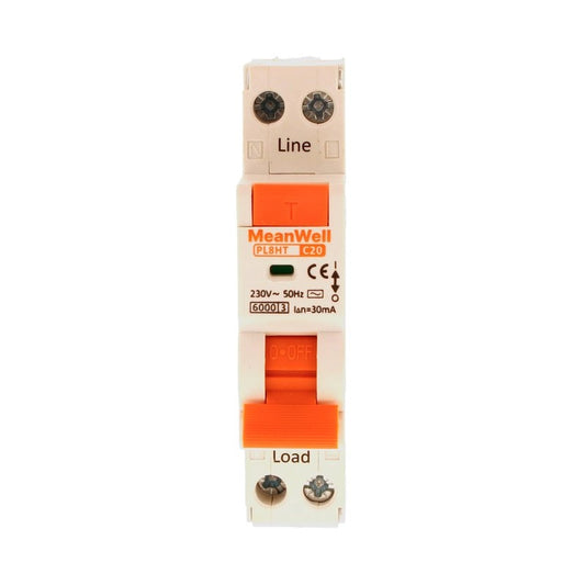 Magnetotermico Differenziale MeanWell Tipo AC Curva C 1 Polo+Neutro 1M 6kA 30mA C20A 230V IP20 IEC61009